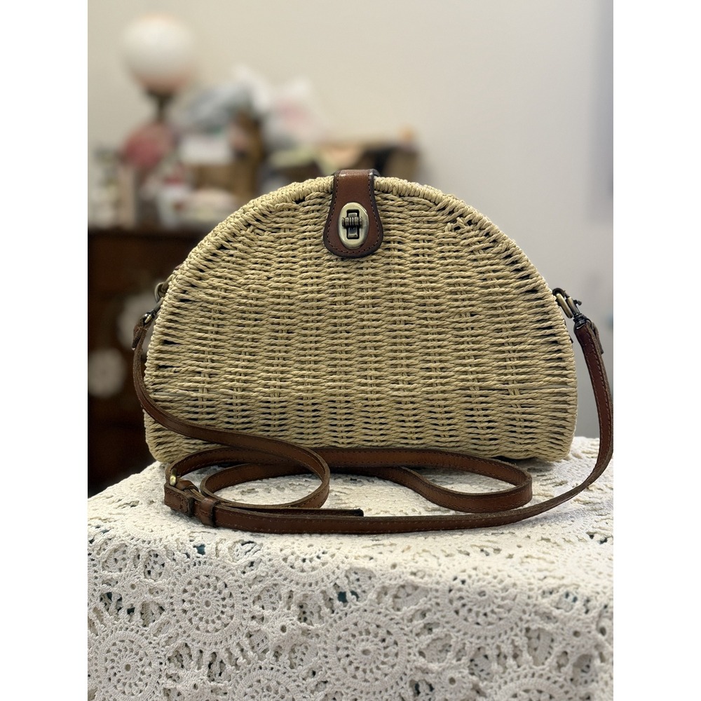 Patricia Nash Bonella Dome Crossbody Bag Natural Wicker Body Brown Leather
